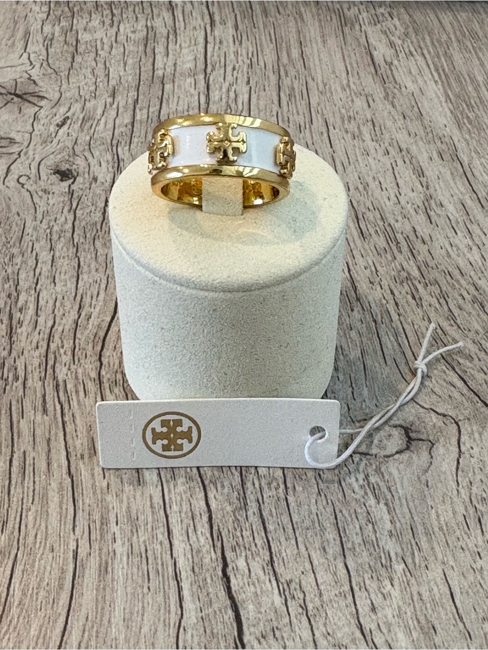 Tory Burch Gold-tone Ring with White Enamel Logo Band Ring -Size 8